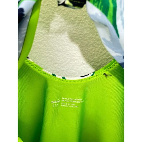 Aerie one piece swimsuit full coverage green floral print swimwear scoop back S - Picture 3 of 5